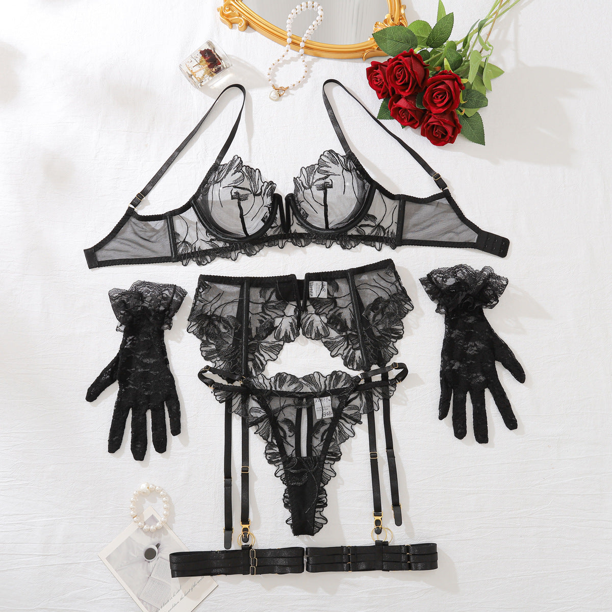 Black lace comfortable bra five piece set with floral embroidery