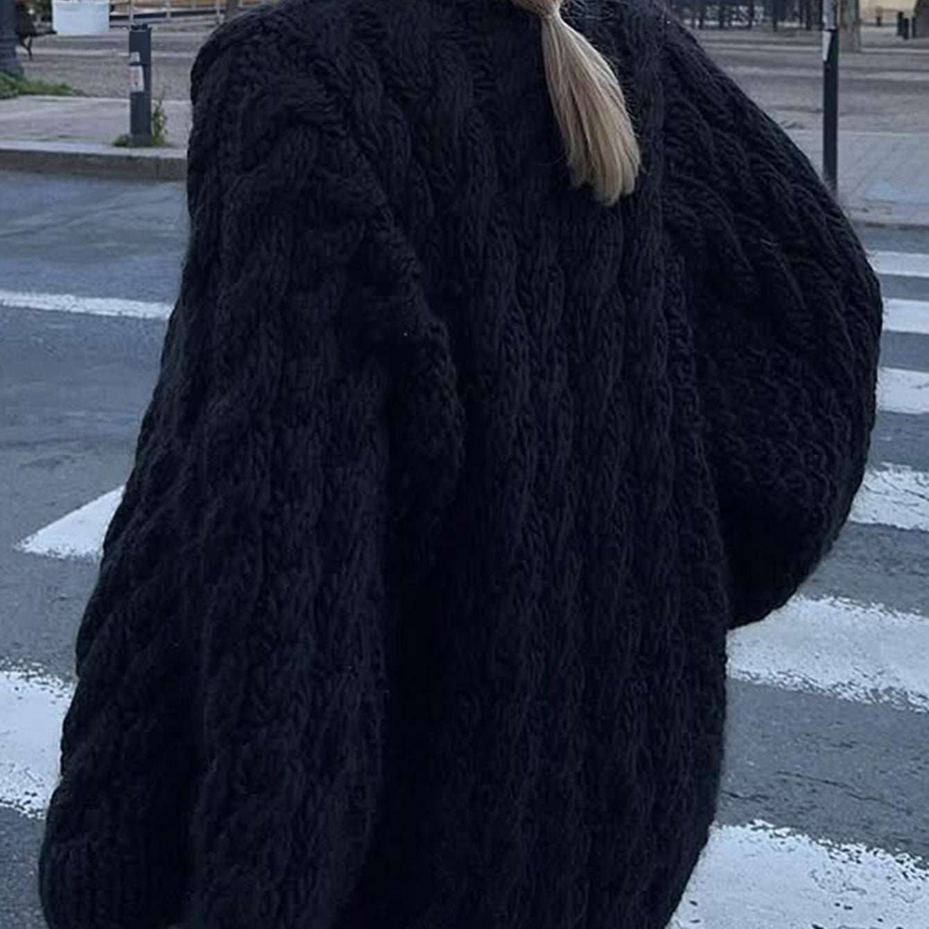 Black fur long sleeve coat with cable knit texture and pearl buttons