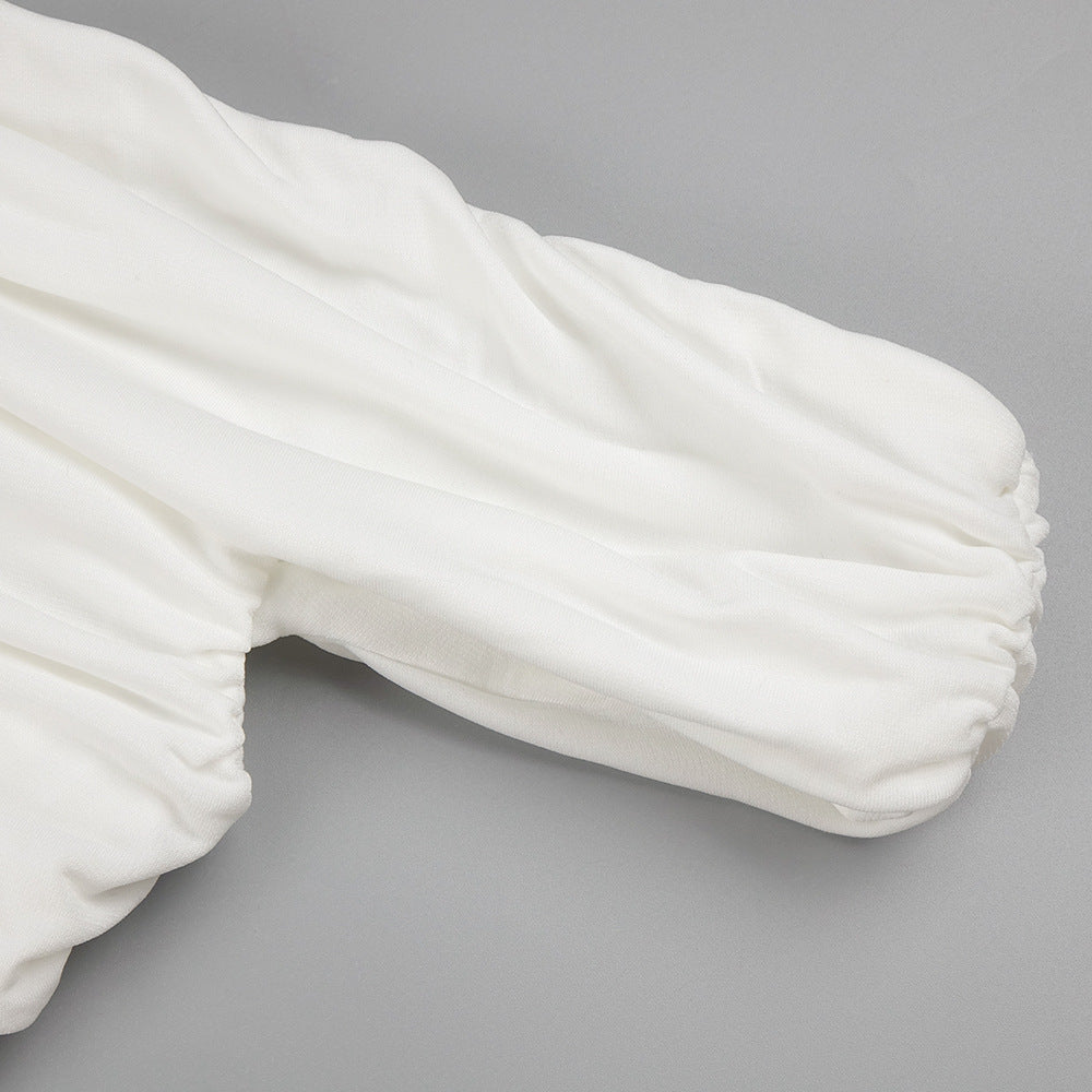 Elegant Pleated High Waist Dress featuring stylish white gathered sleeves, perfect for fashion