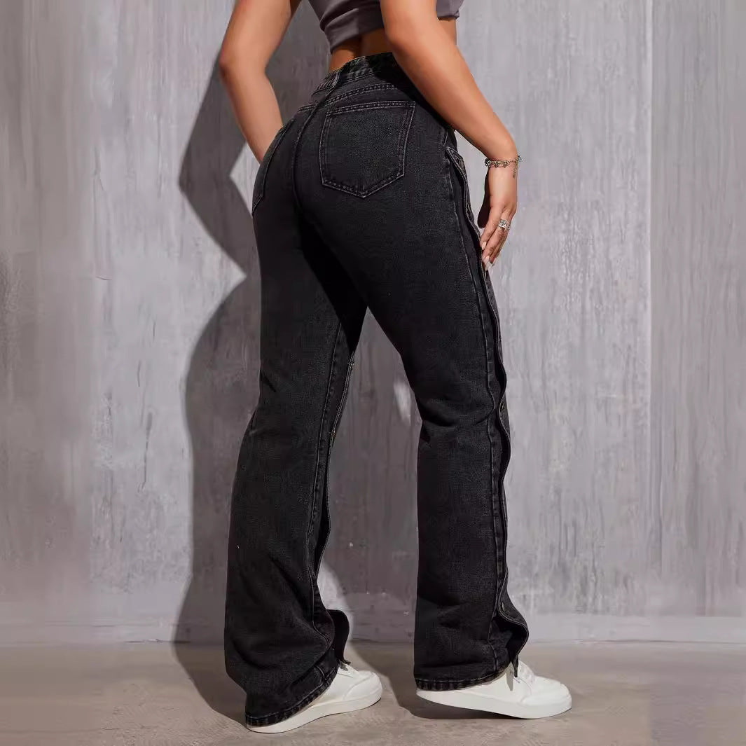 Women’s black high-waisted cargo pants with split flared hems, suitable for hip hop style