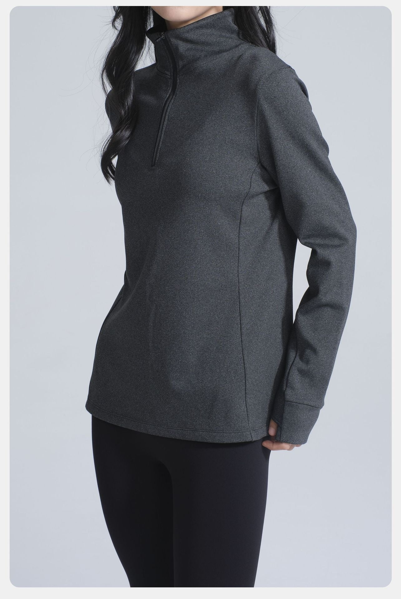 Dark grey long-sleeved quarter-zip athletic top from Winter Thermal Velvet Yoga Jacket for langry fashion and ملابس styles