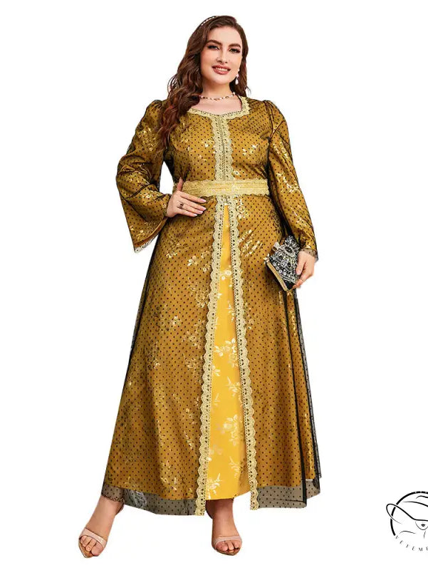 Elegant long sleeve A-line dress in mustard-yellow with gold embroidery