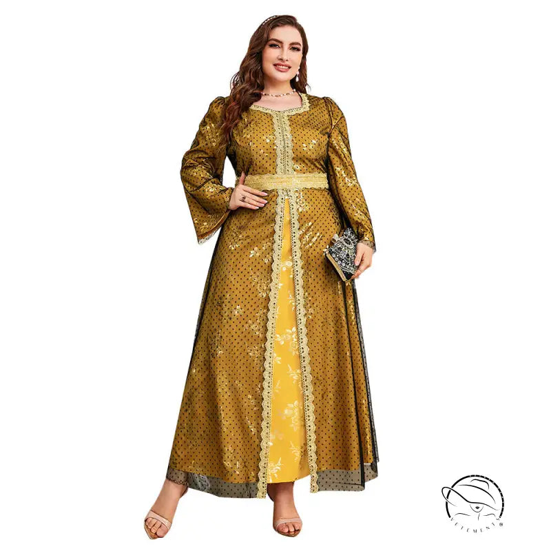 Elegant long sleeve A-line dress in mustard-yellow with gold embroidery