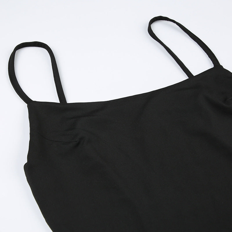 Black camisole top with cutout square collar and irregular asymmetric design