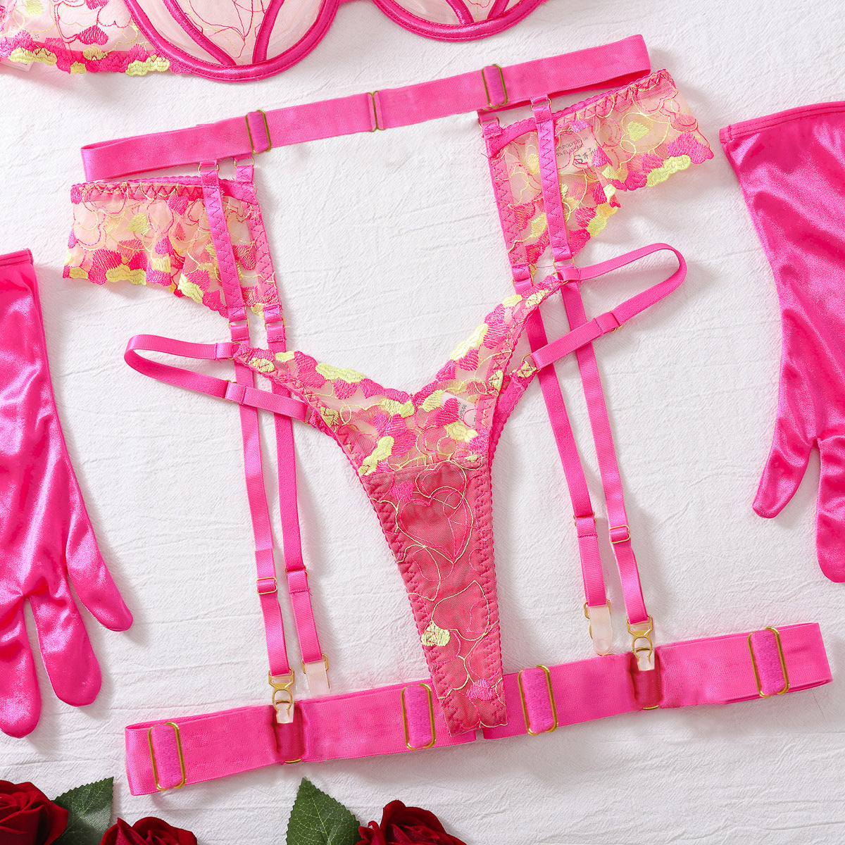 Fluorescent embroidery pink lace lingerie set with satin gloves