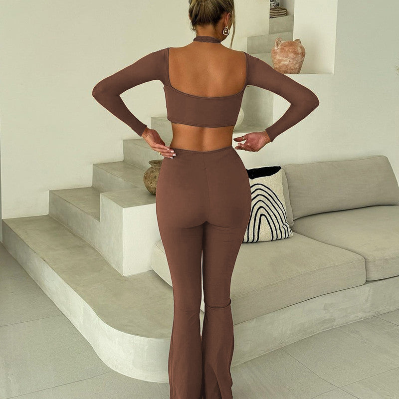 Brown two-piece long sleeve halter sports set with pleated slim fit flared pants fashion