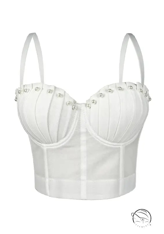 White langry fashion mesh pleated boning corset with silver eyelet details