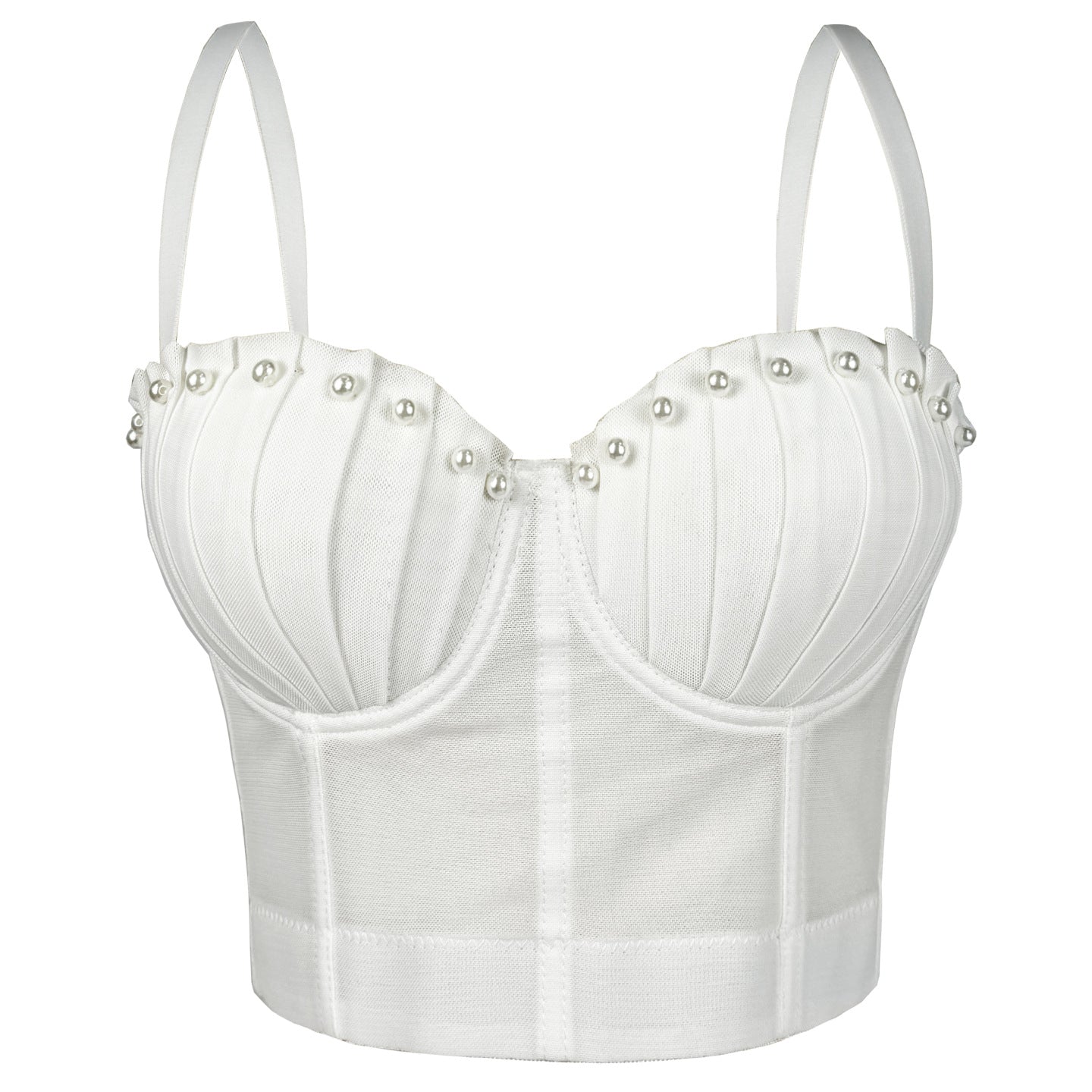 White Langry mesh pleated boning corset with silver eyelet details
