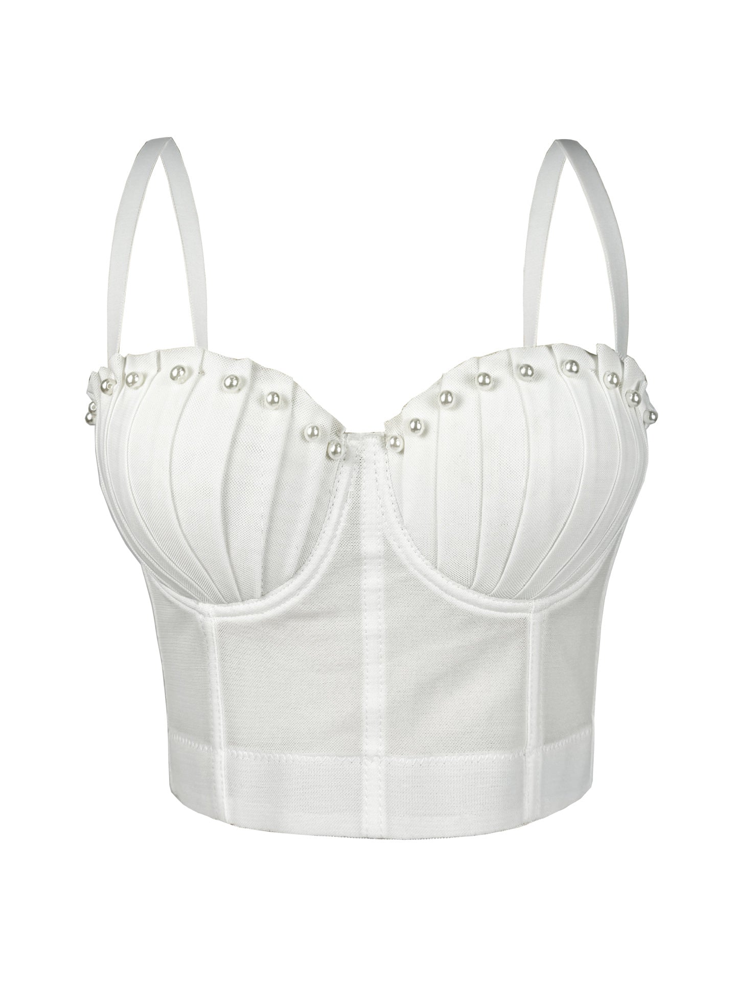 White Langry mesh pleated boning corset with silver eyelet details