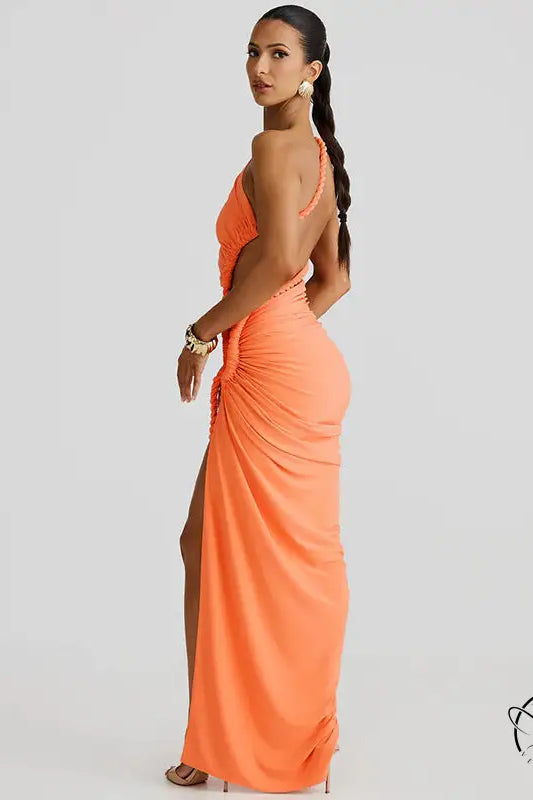 Stunning cutout lace pleated orange one-shoulder maxi dress