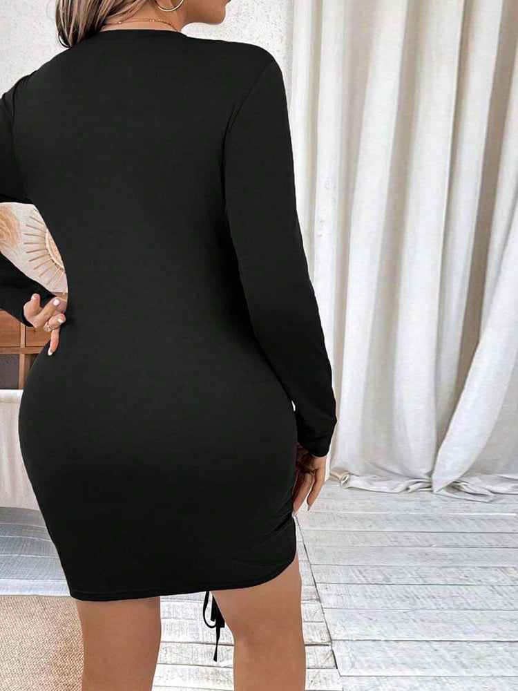 Elegant high waist hip wrapped black long-sleeved dress showcasing stylish fashion and ملابس