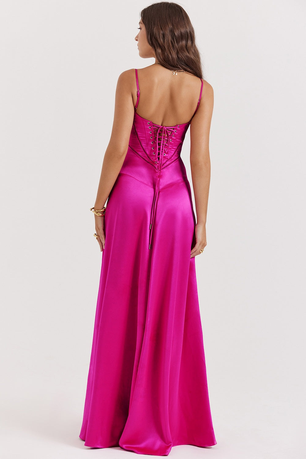 Fuchsia satin gown with corset back, perfect for evening fashion and ملابس events