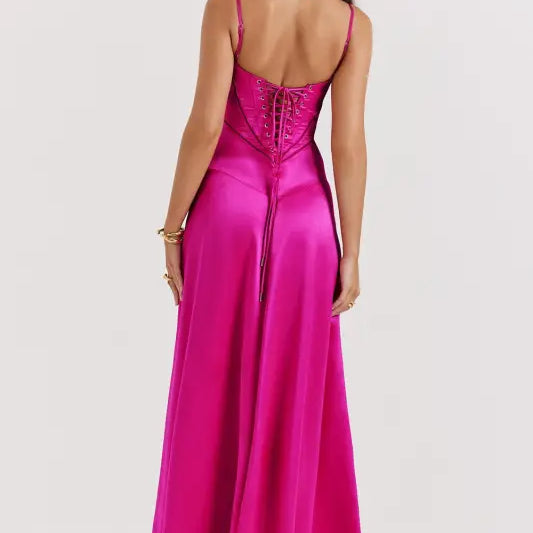 Elegant fuchsia satin langry fashion gown with corset back, backless evening dress