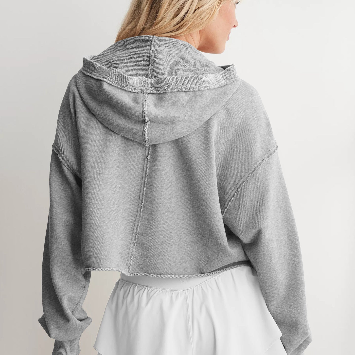 Cropped grey hoodie sweatshirt with white shorts, perfect for trendy langry fashion