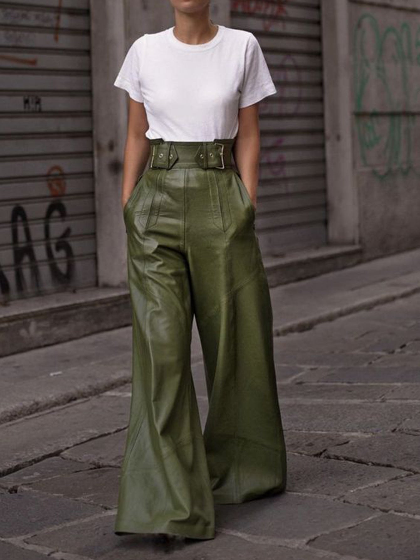 High-waisted, wide-leg faux leather bell bottom pants in olive green for modern fashion
