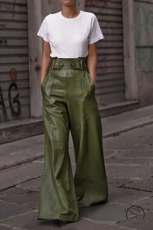 High-waisted faux leather bell bottom pants in olive green