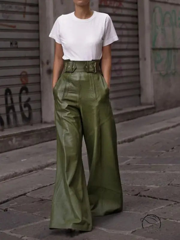 High-waisted faux leather bell bottom pants in olive green