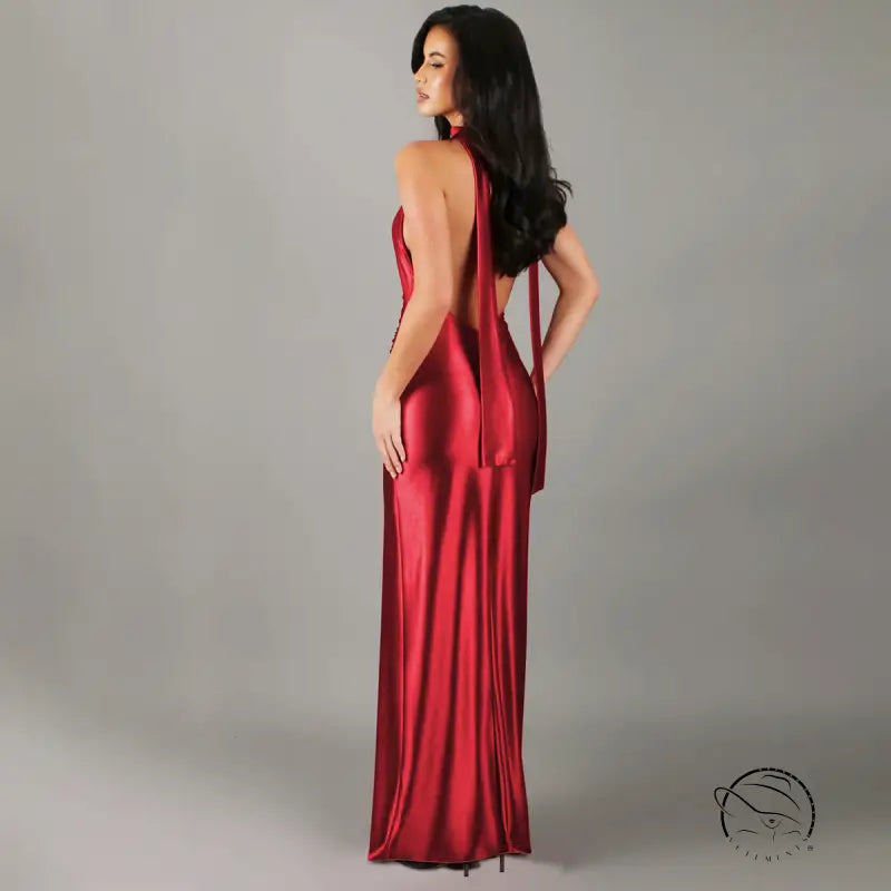 Elegant red halter backless split dress in langry fashion