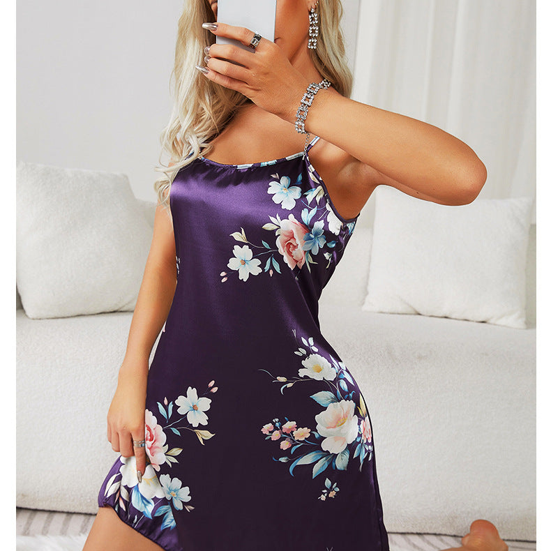 Floral-patterned purple nightgown in Ice Silk Strap Night Dress for women’s home wear