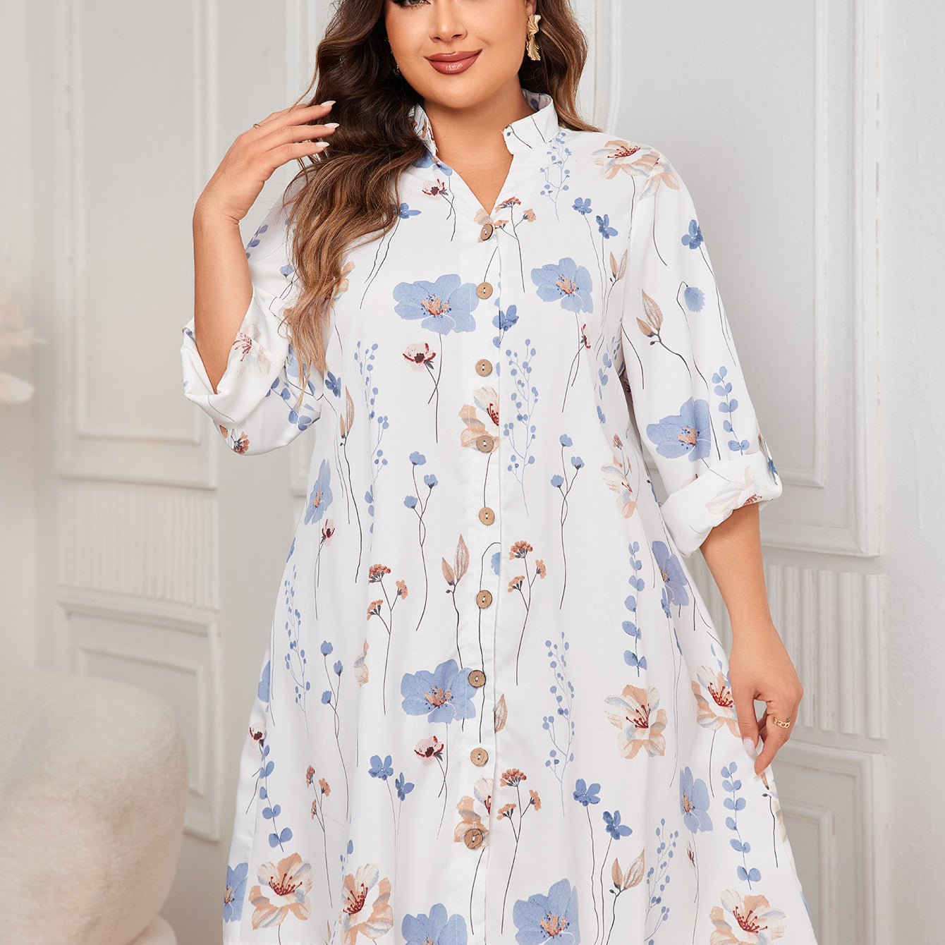 Elegant plus-size white floral print comfy loose mid length dress with stand collar