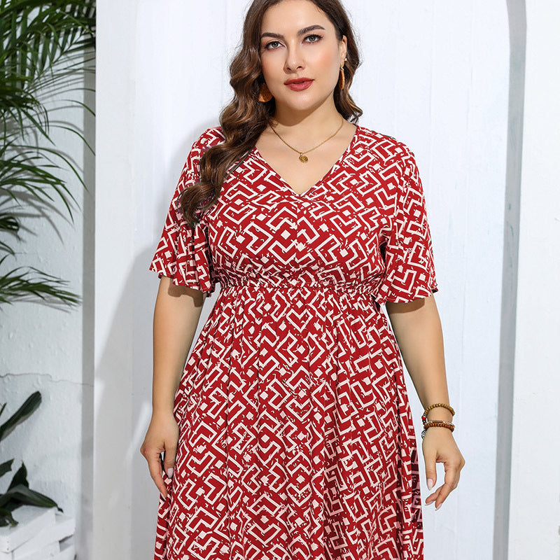 Red and white geometric print wrap dress with flutter sleeves for casual fashion ملابس