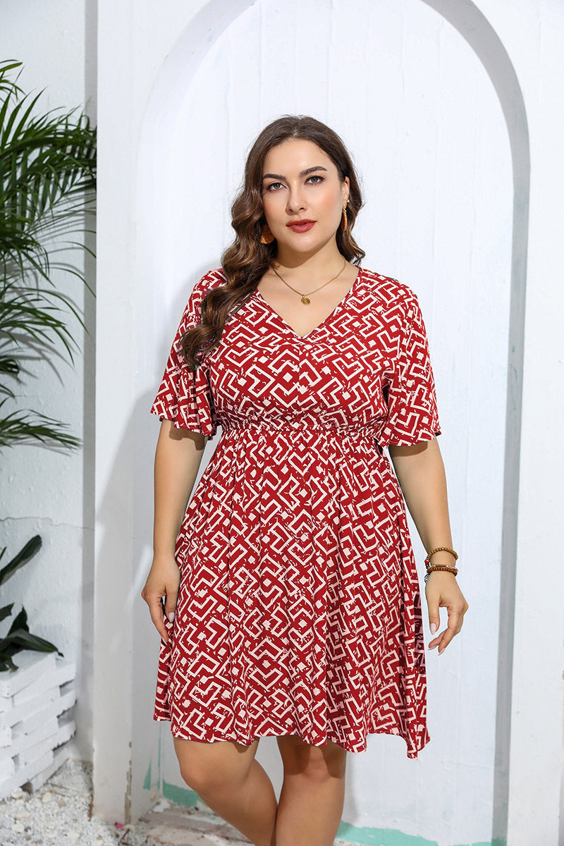 Red and white geometric print wrap dress with flutter sleeves for casual fashion ملابس
