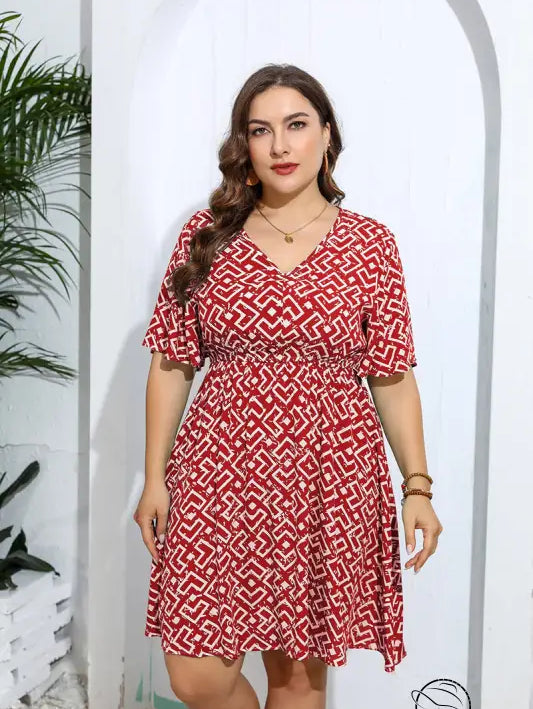 Casual v neck loose dress in red white geometric print with flutter sleeves