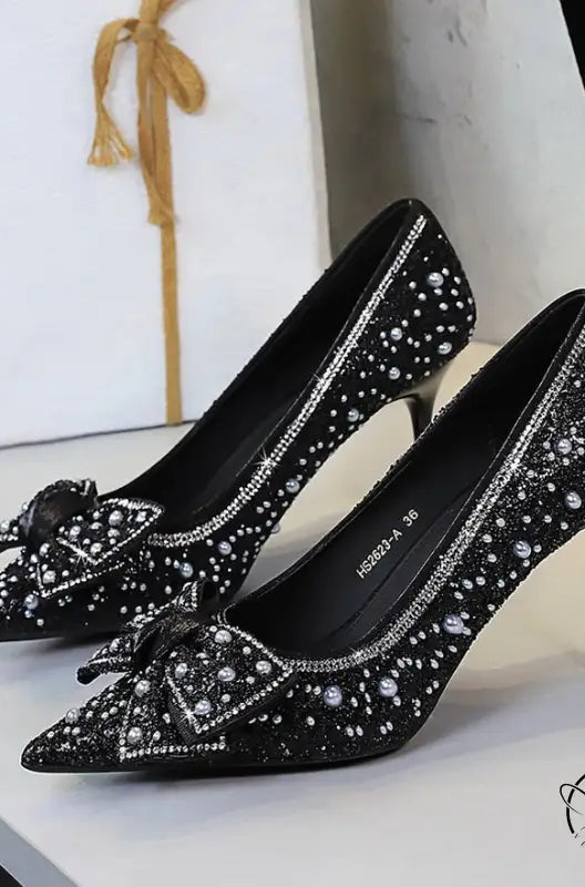 Langry fashion black stiletto pumps with rhinestone bowknot details