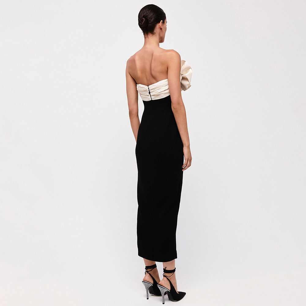Elegant Black White Strapless Dress featuring a fitted bodice and ankle-length skirt