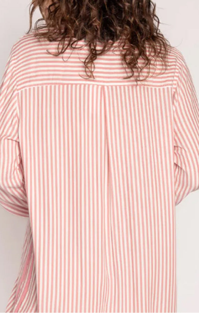 Langry pink white striped button-down homewear shirt with fringed hem