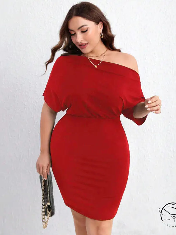 Red off-the-shoulder cross shoulder bag hip midi dress