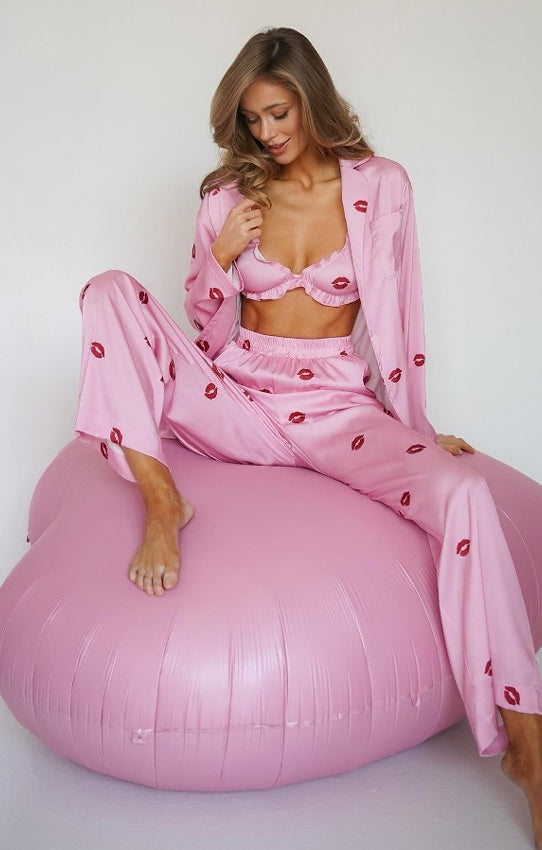 Pink Langry Strawberry Print Loungewear Set with Bean Bag