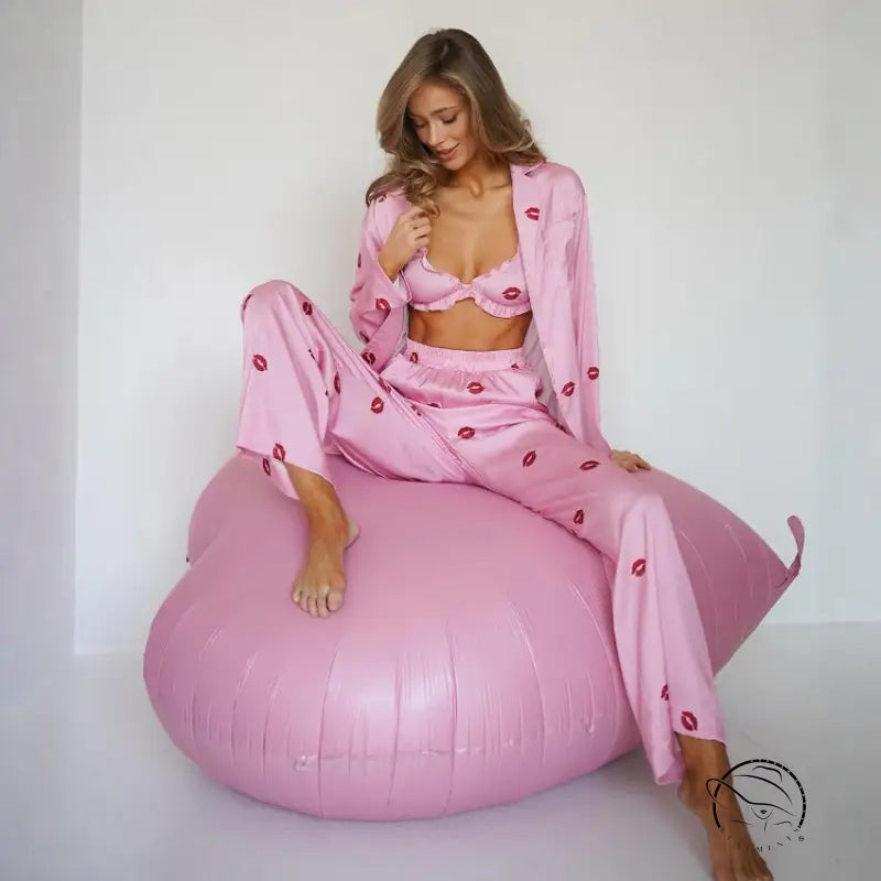 Pink satin strawberry print loungewear set with langry fashion bean bag