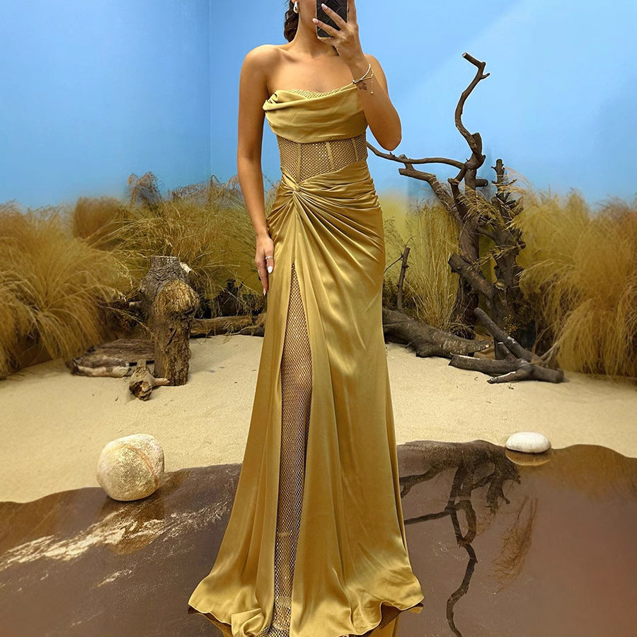 Elegant gold strapless gown perfect for casual occasion fashion and stylish ملابس