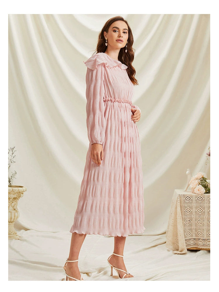 Pink French Sweet Lace Collar Long Sleeve Pleated Dress