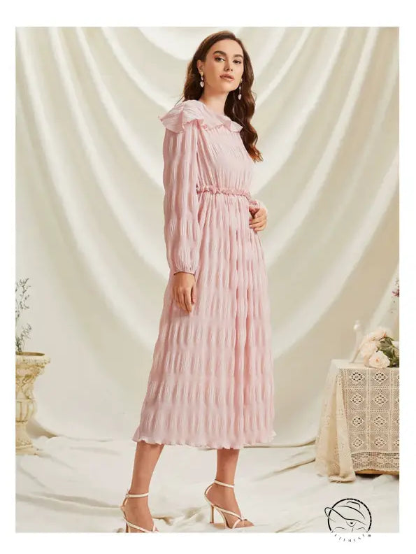 Pink long sleeve French sweet lace collar pleated dress with ruffles