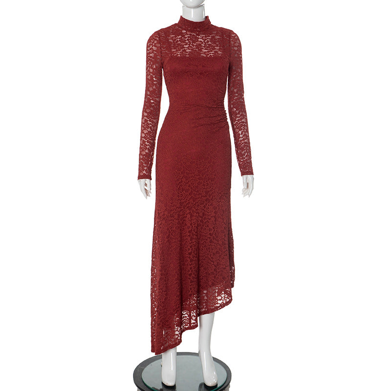 Red lace long-sleeve high-neck maxi dress with asymmetrical hem for elegant fashion and ملابس