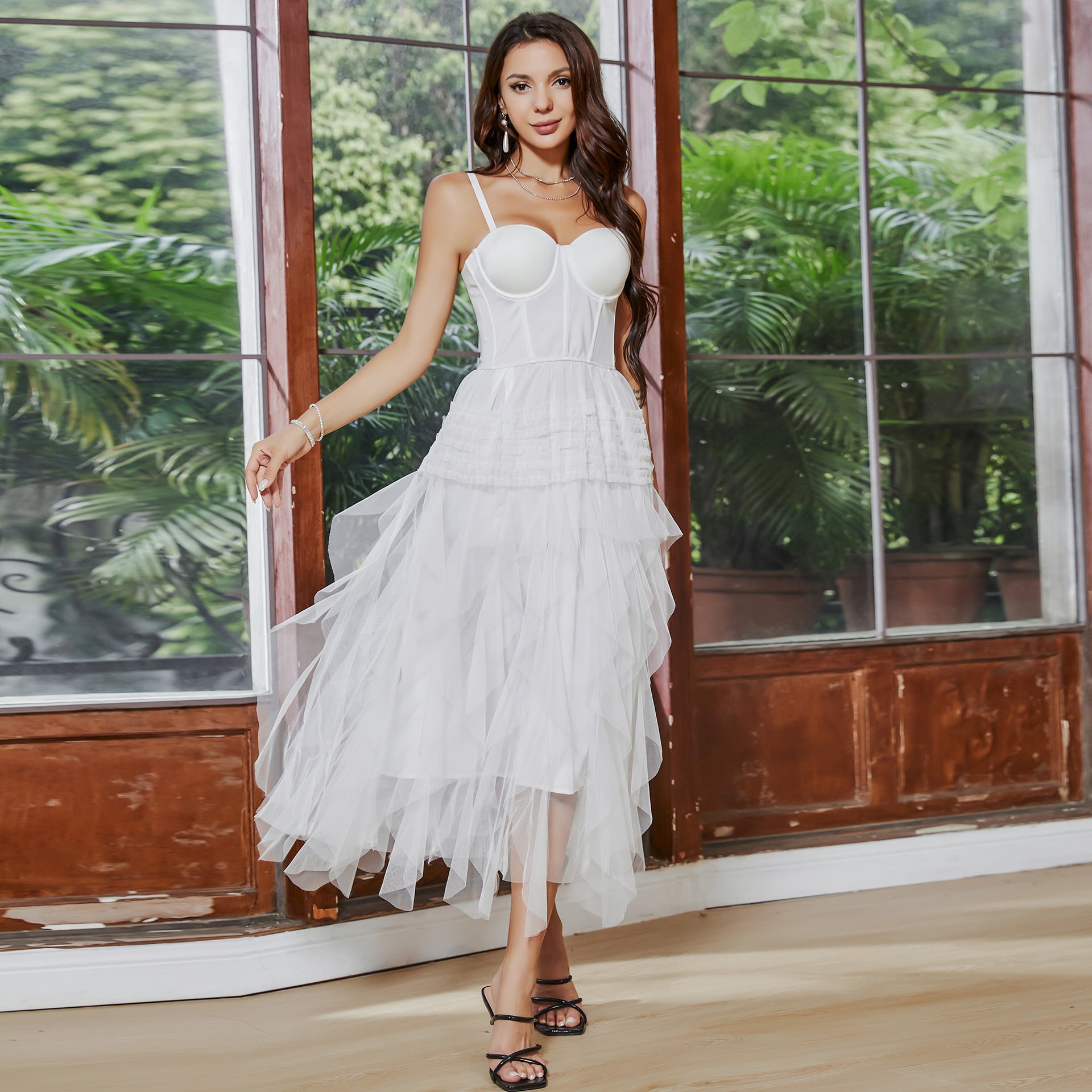 Elegant white yarn tiered tulle dress featuring a French Tube Top and large swing design