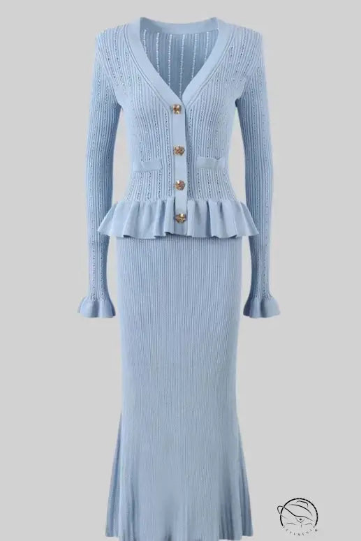 Elegant classic dress and skirt set in light blue knit