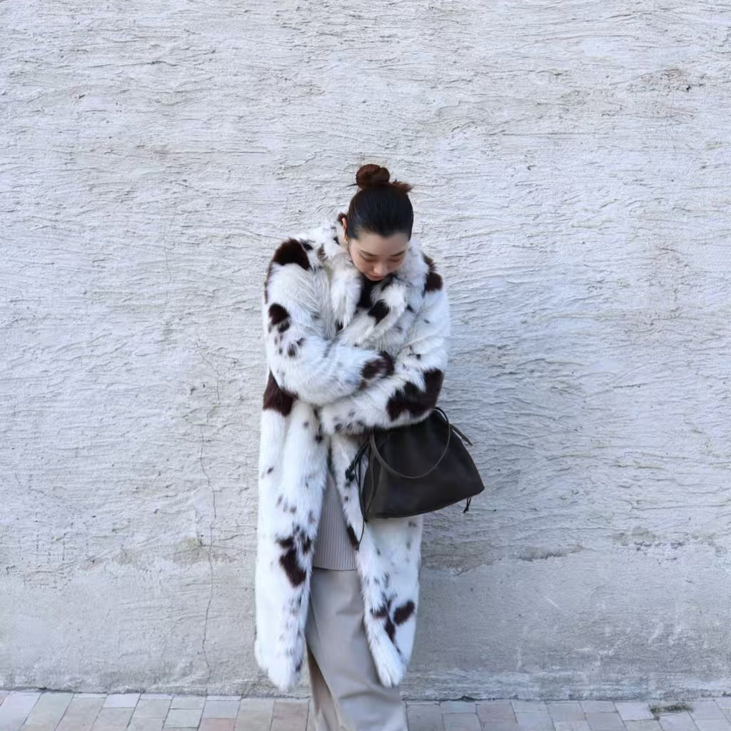 Mackage cozy warm faux fur long coat in white black textured pattern