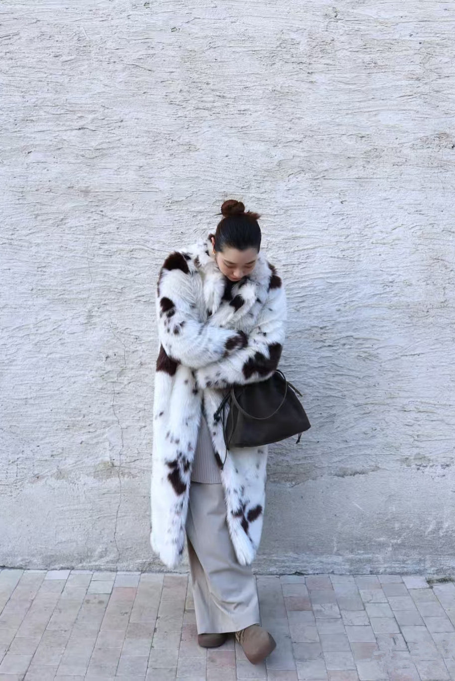 Mackage cozy warm faux fur long coat in white black textured pattern