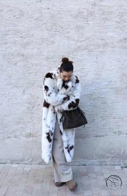 Luxury Mackage faux fur long coat in black and white textured pattern