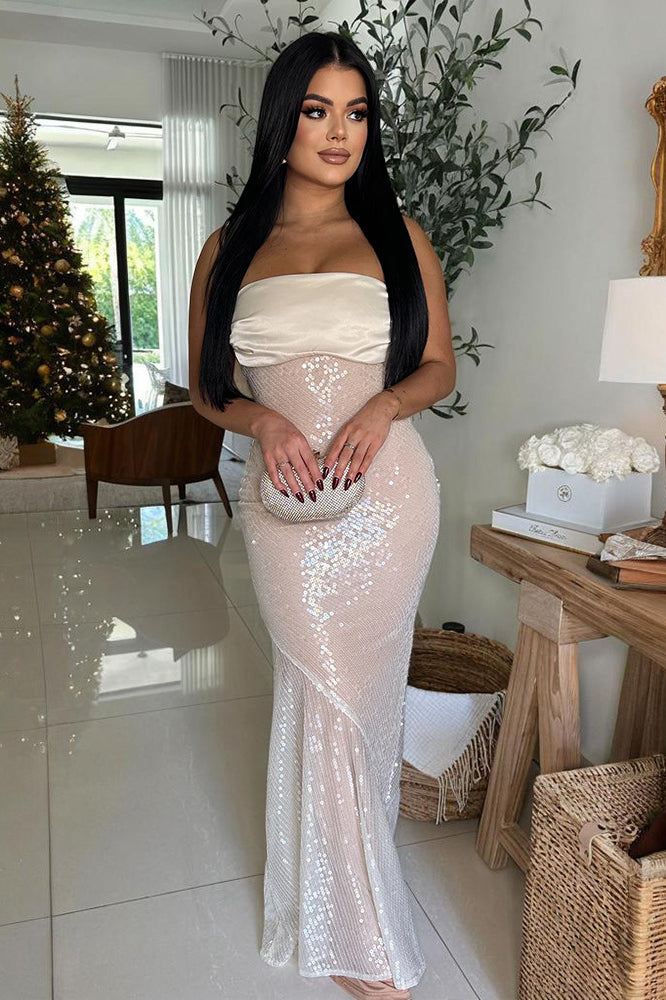 Elegant strapless sequined gown from Amazing Satin Stitching Dress, ideal for langry fashion