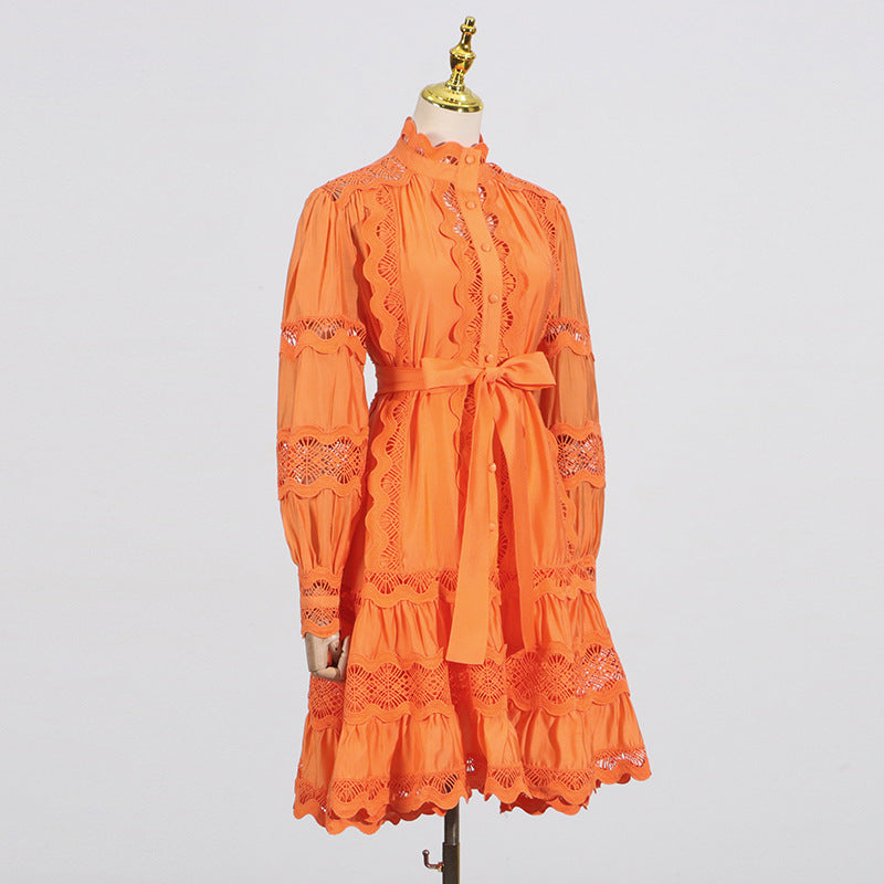 Elegant French Vintage Dress featuring an orange eyelet-trimmed design for stylish fashion