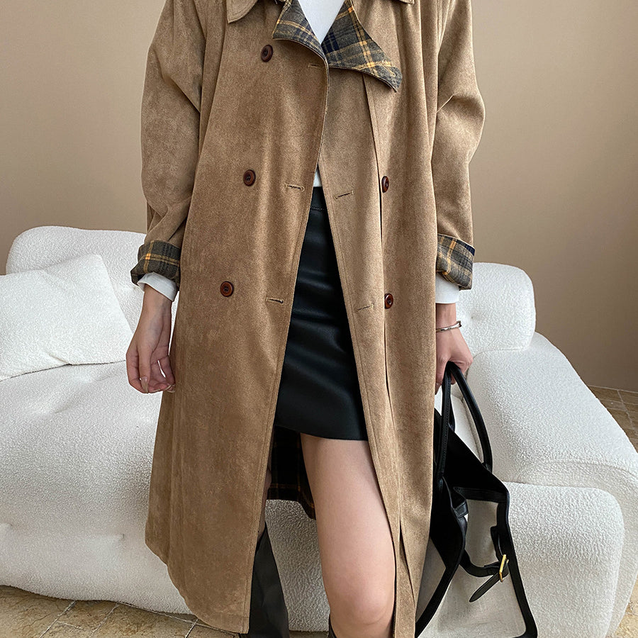 Faux Double Sided Wear Retro Plaid Stitching Coat