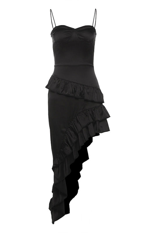 Black asymmetrical dress with ruffles and straps, perfect for trendy fashion ملابس occasions