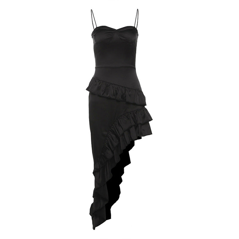 Black asymmetrical dress with ruffles and straps, perfect for trendy fashion ملابس occasions