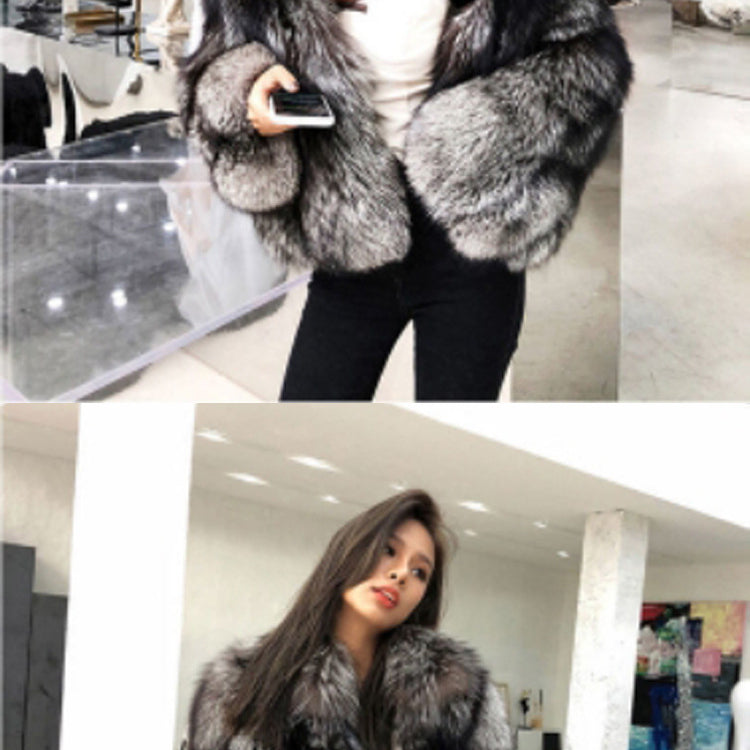 Luxurious silver faux fur coat with plush texture for elegant fashion statement