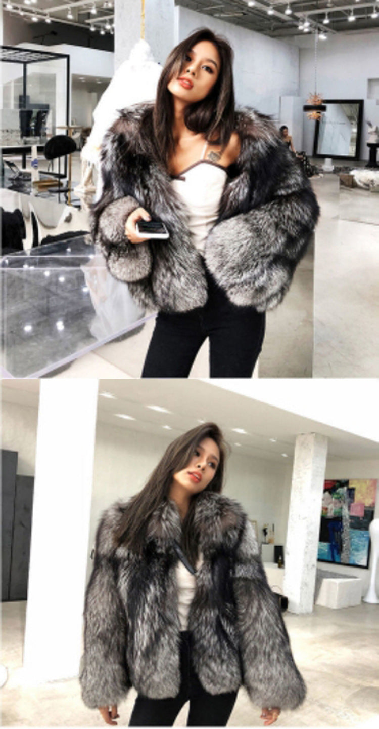 Luxurious silver faux fur coat with plush texture for elegant fashion statement