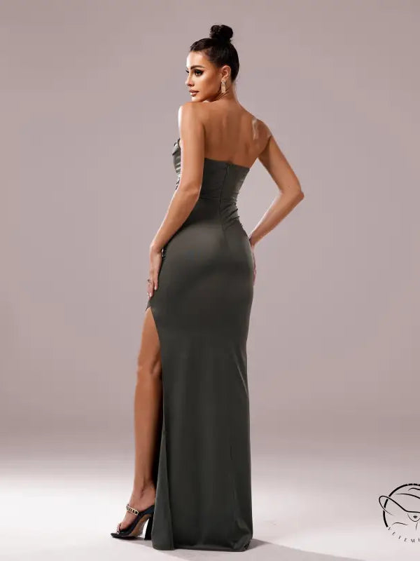 Strapless olive green cocktail evening dress with thigh-high slit